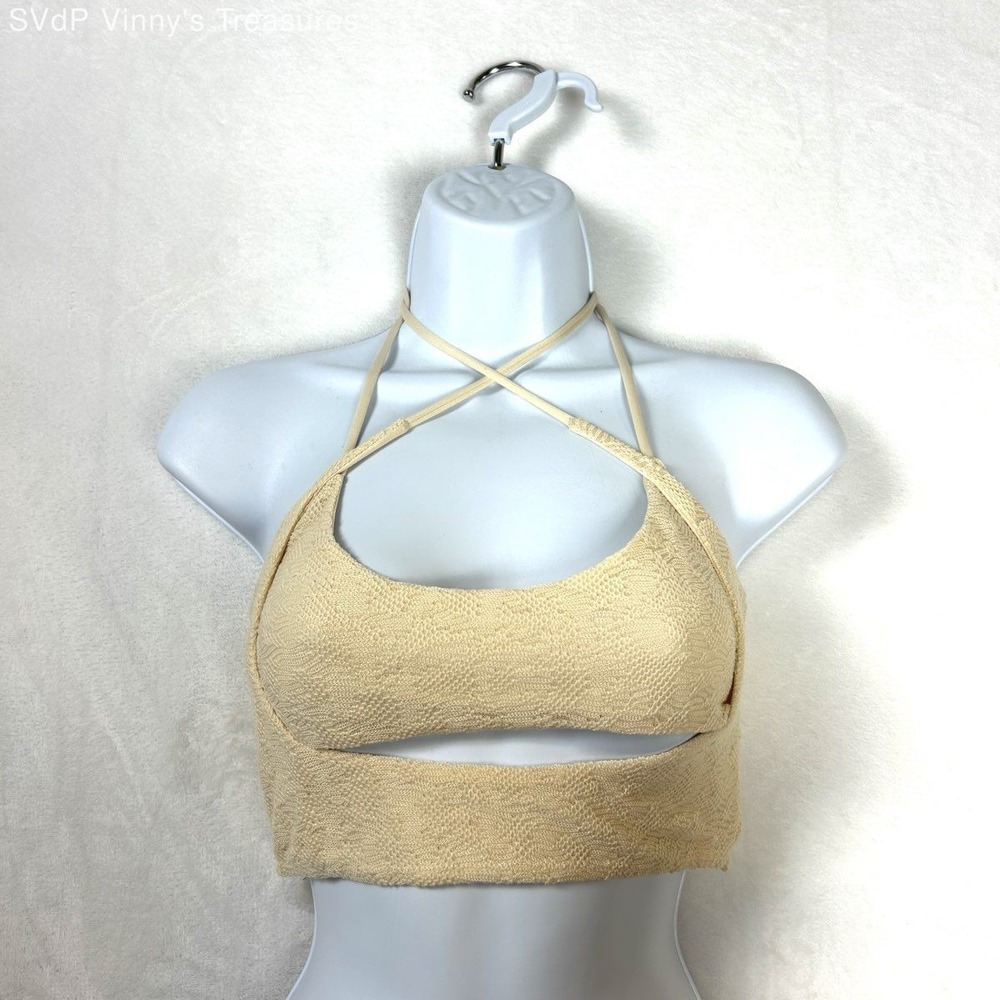 Oh Polly Women's Cream Textured Cutout Halter Neck Tie Back Crop Top Sz 6 NWT